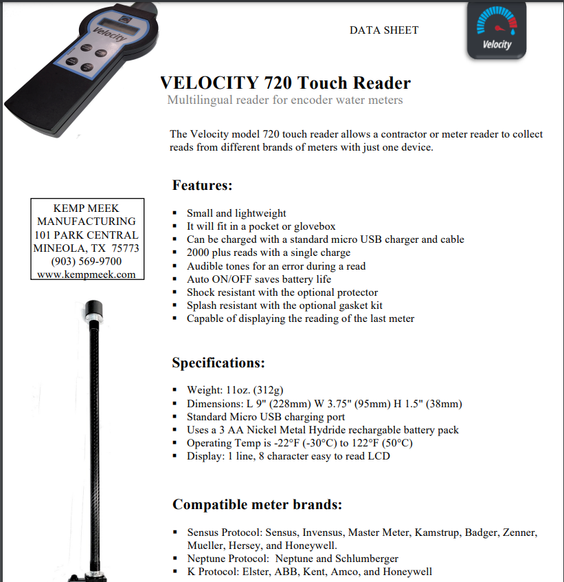 VELOCITY 720 Touch Reader Multilingual Reader for Encoder Water Meters ...